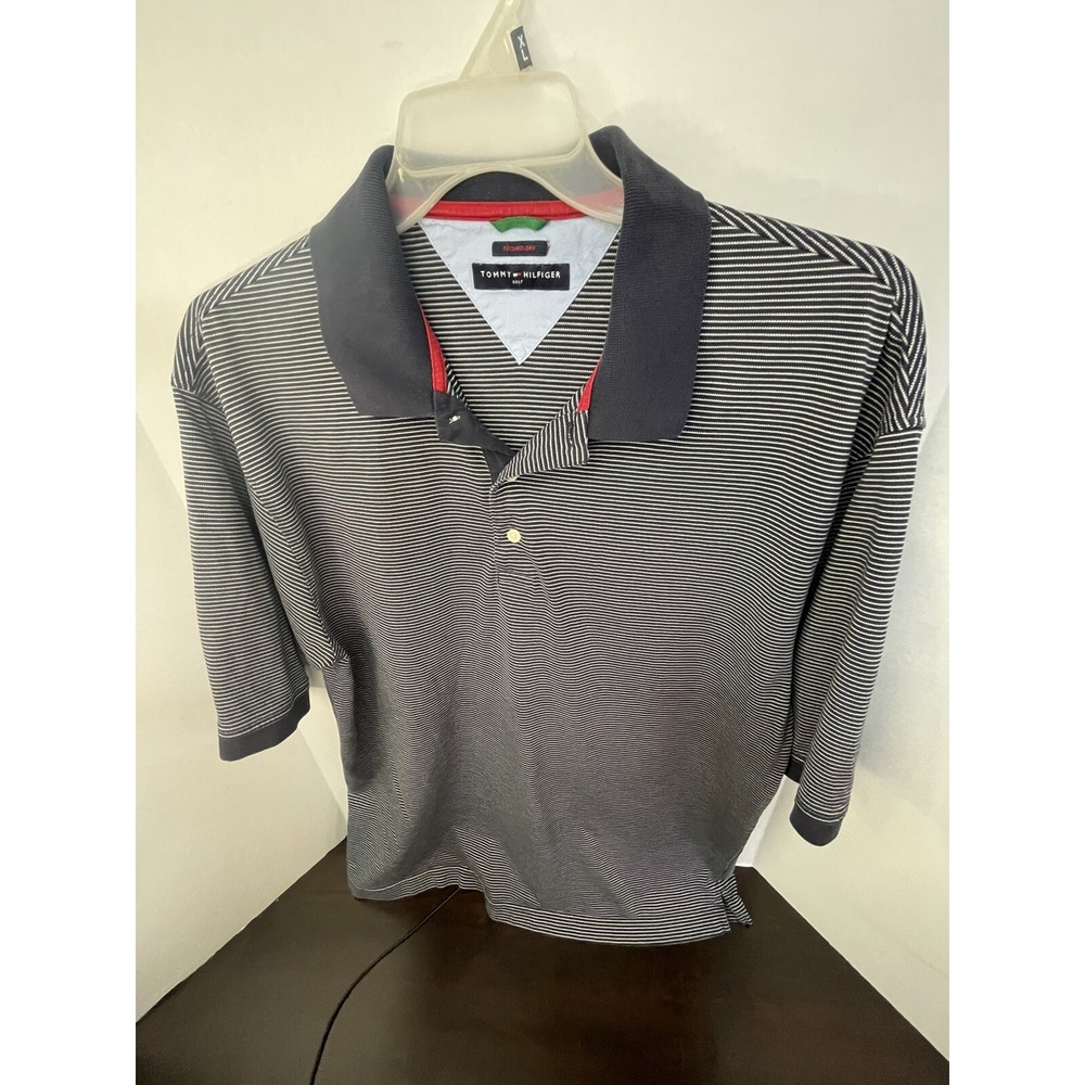 Mens Tommy  Hilfiger Techno Dry Golf Polo Mens Navy Blue Striped Dims In Descrip
